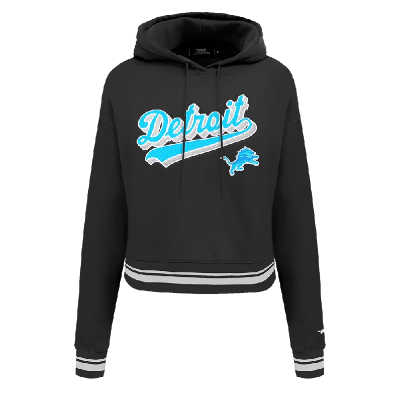 NFL DETROIT LIONS SCRIPT TAIL WOMEN'S RIB FLC CROPPED PO HOODIE (BLACK)