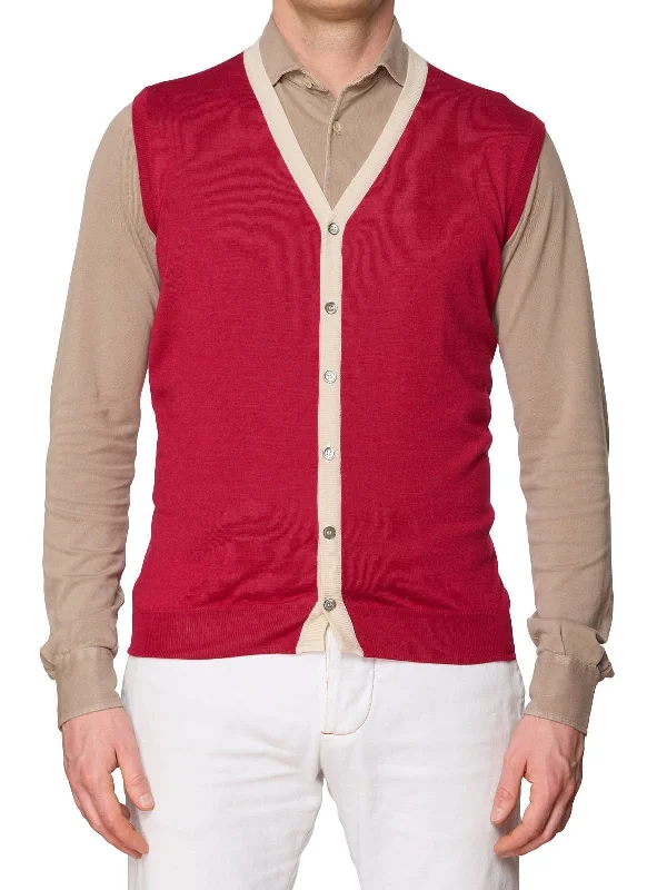 ONES Red-Beige Loro Piana Cashmere-Silk Knit 6 Button Sweater Vest EU 50 NEW US M