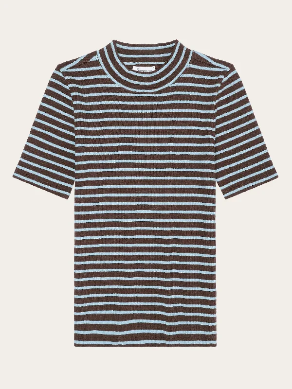 Striped rib high neck short sleeved - Brown stripe