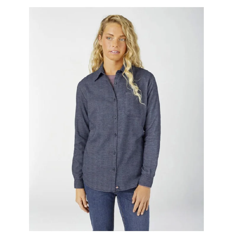 Women's Long Sleeve Plaid Flannel Work Shirt FL075 - Blue Herringbone