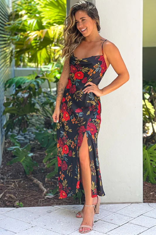 Black Floral Satin Dress With Slit