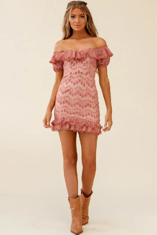 Bobby Bardot Neckline Floral Lace Overlay Dress Rose