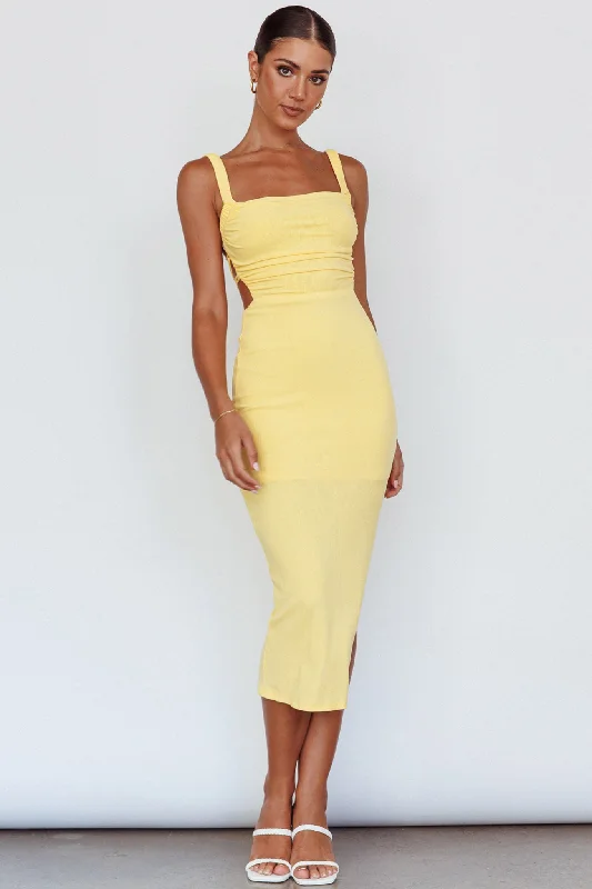 Dream Crush Lace-Up Back Side Split Midi Dress Yellow