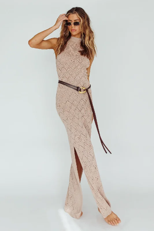 Elisa Sleeveless Crochet Maxi Dress Beige