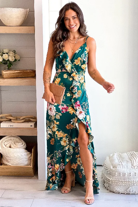 Emerald Floral Satin Ruffled Dress