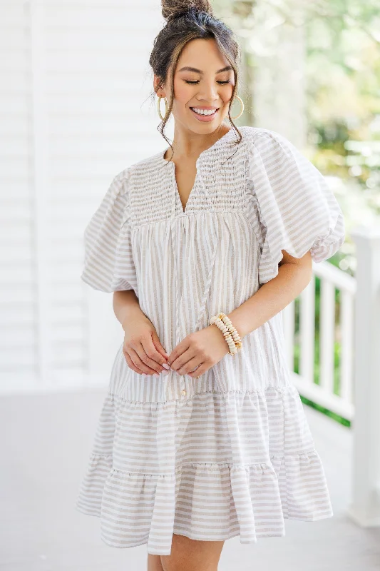 Face The Day Sand Brown Striped Dress