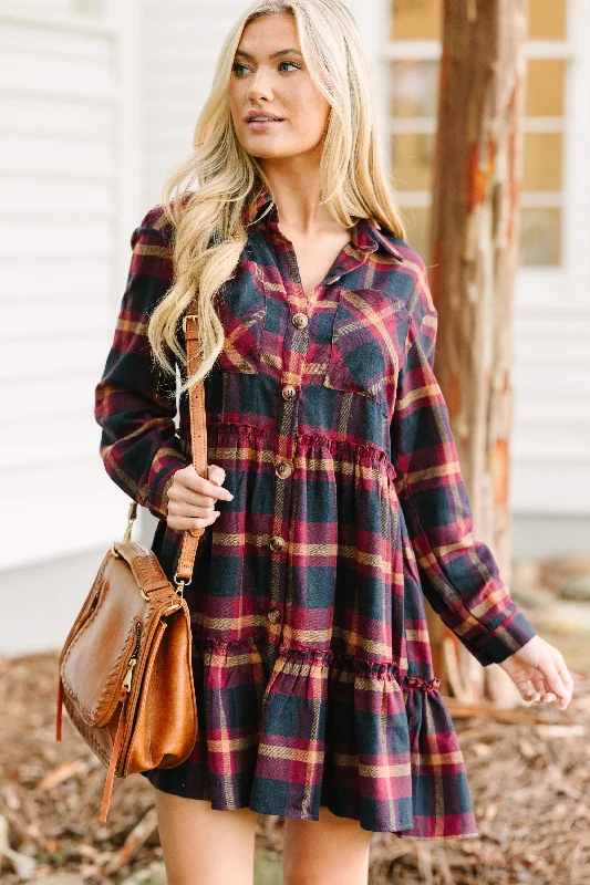 Find You Well Burgundy Red Plaid Dress