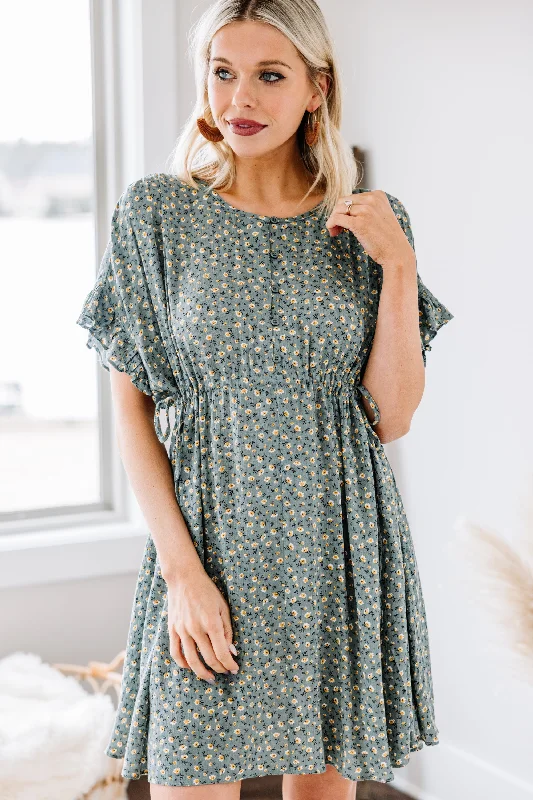 Fit For You Dusty Green Ditsy Floral Dress