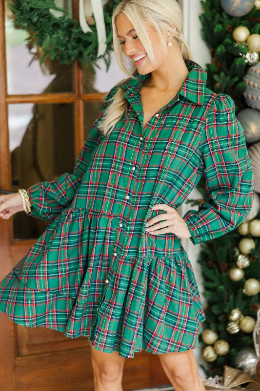 It's Your Place Green Plaid Button Down Dress