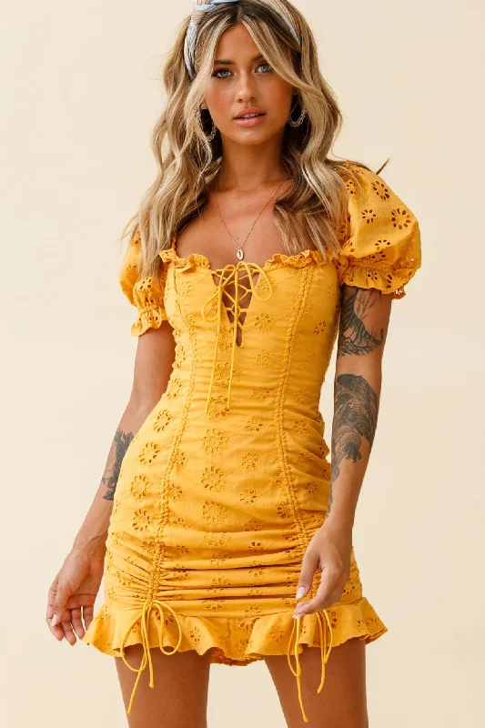 La Quinta Lace-Up Bust Drawstring Detail Anglaise Dress Yellow