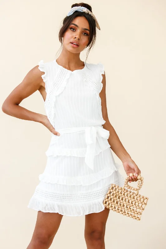 Olga Tiered Frill Detail Waist Tie Dress White