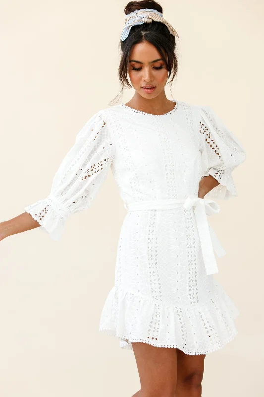 Sweet Sunshine Cut-Out Back Embroidery Dress White